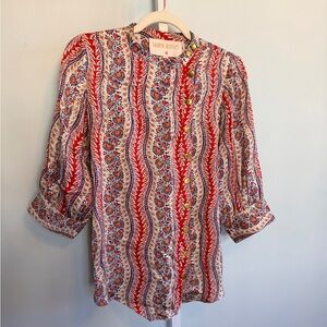 Lauren Moffatt Red, Blue, and Yellow Floral High-Low Silk Blouse